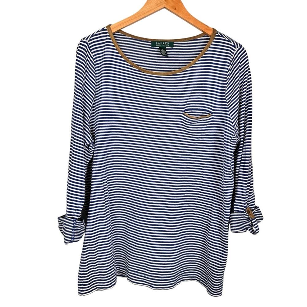 Lauren Ralph Lauren Blue Coastal Stripe Cotton 3/4 Sleeve Top 1X Nautical Preppy